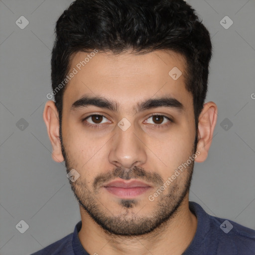 Neutral white young-adult male with short  black hair and brown eyes