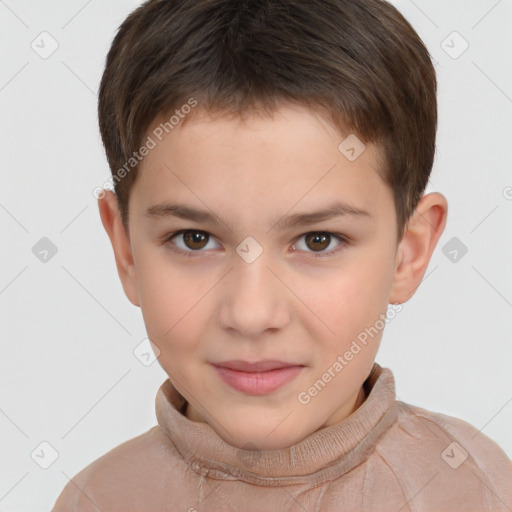 Joyful white child male with short  brown hair and brown eyes