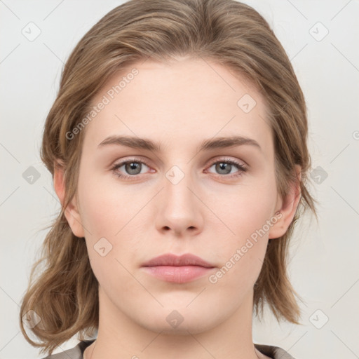 Neutral white young-adult female with medium  brown hair and grey eyes