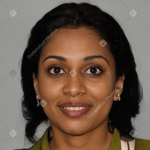 Joyful black young-adult female with medium  black hair and brown eyes