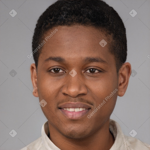 Joyful latino young-adult male with short  brown hair and brown eyes