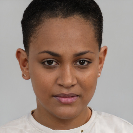 Joyful white young-adult female with short  brown hair and brown eyes
