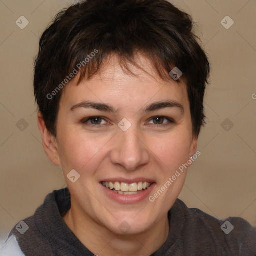 Joyful white young-adult female with short  brown hair and brown eyes