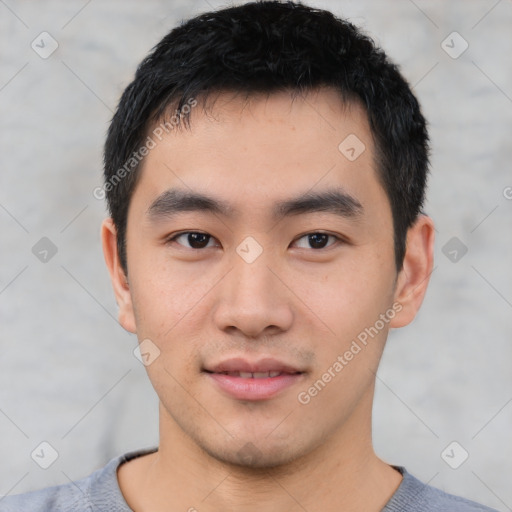 Neutral asian young-adult male with short  black hair and brown eyes