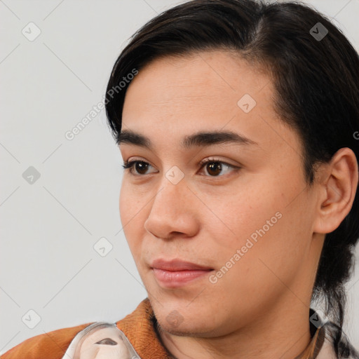 Neutral asian young-adult female with short  brown hair and brown eyes