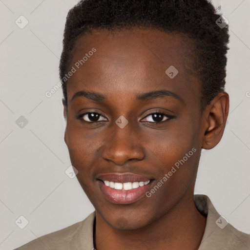 Joyful black young-adult female with short  brown hair and brown eyes