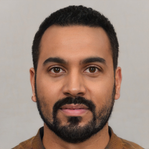 Neutral latino young-adult male with short  black hair and brown eyes