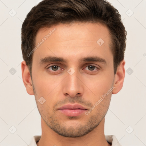 Neutral white young-adult male with short  brown hair and brown eyes