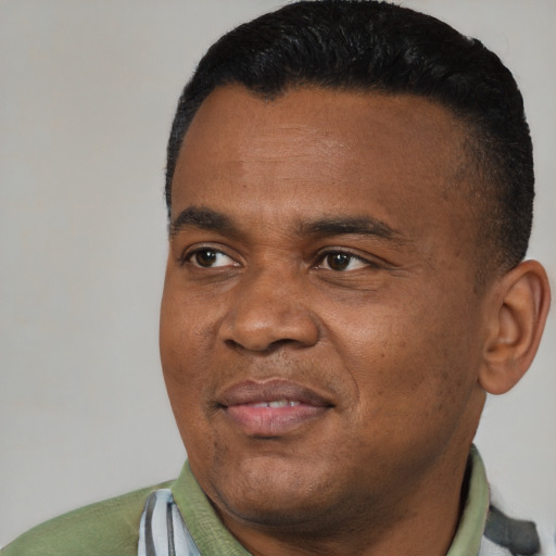 Joyful black young-adult male with short  black hair and brown eyes