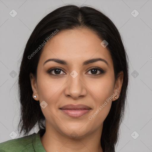 Joyful latino young-adult female with long  brown hair and brown eyes