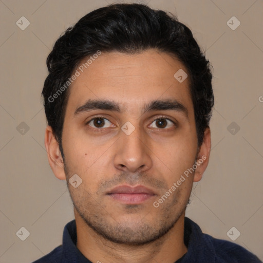 Neutral latino young-adult male with short  black hair and brown eyes