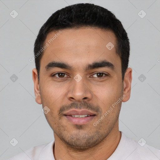 Neutral latino young-adult male with short  black hair and brown eyes