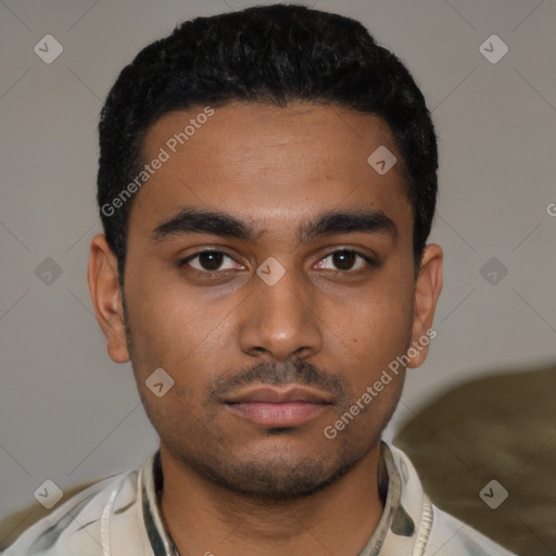 Neutral latino young-adult male with short  black hair and brown eyes