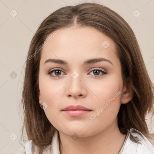 Neutral white young-adult female with medium  brown hair and brown eyes