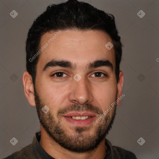 Joyful white young-adult male with short  black hair and brown eyes