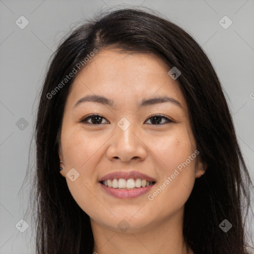 Joyful white young-adult female with long  brown hair and brown eyes