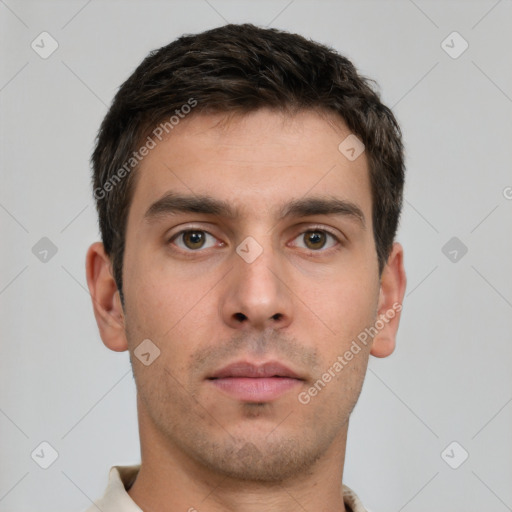 Neutral white young-adult male with short  brown hair and brown eyes