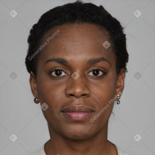 Neutral black young-adult female with short  black hair and brown eyes