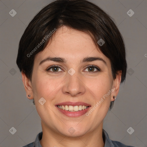 Joyful white young-adult female with medium  brown hair and brown eyes