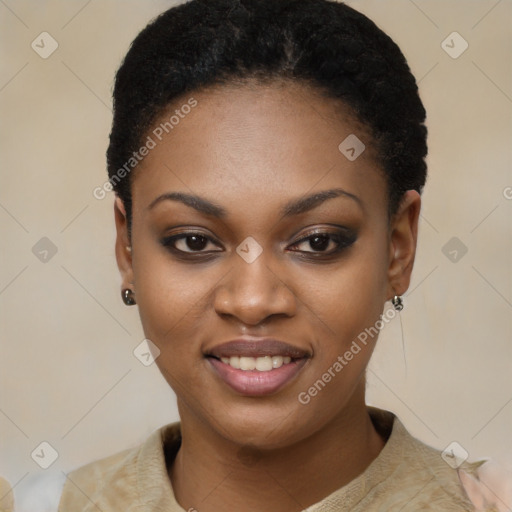 Joyful black young-adult female with short  black hair and brown eyes