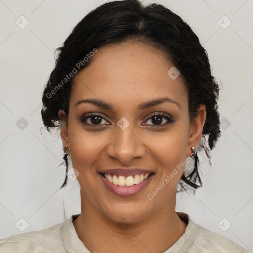 Joyful latino young-adult female with long  black hair and brown eyes