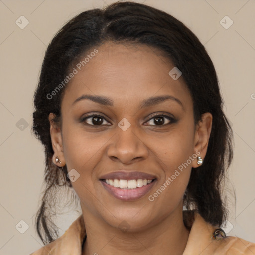 Joyful latino young-adult female with medium  brown hair and brown eyes