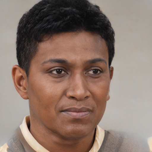 Neutral latino young-adult male with short  brown hair and brown eyes