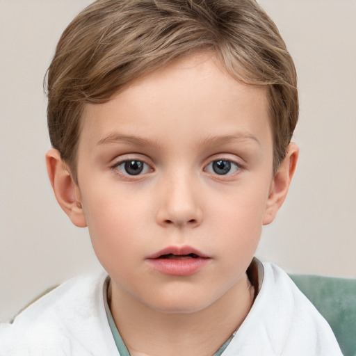 Neutral white child female with short  brown hair and grey eyes