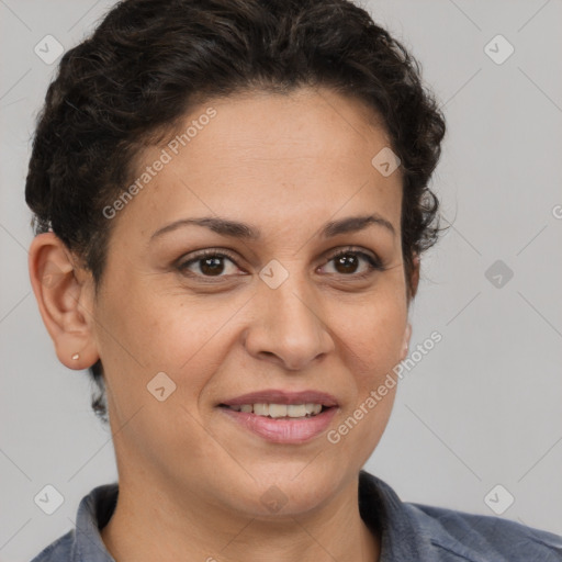 Joyful white adult female with short  brown hair and brown eyes