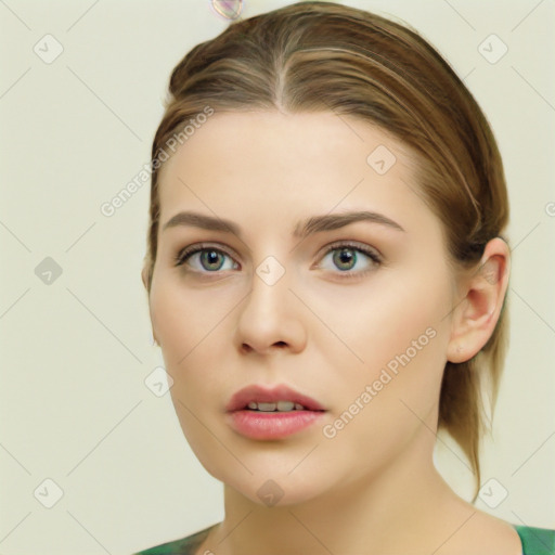 Neutral white young-adult female with medium  brown hair and brown eyes