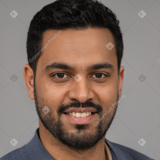 Joyful latino young-adult male with short  black hair and brown eyes