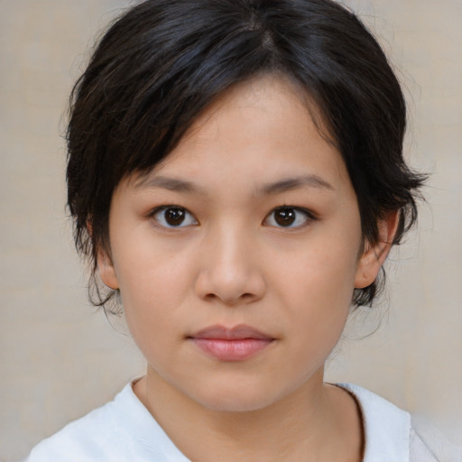 Neutral asian young-adult female with medium  brown hair and brown eyes