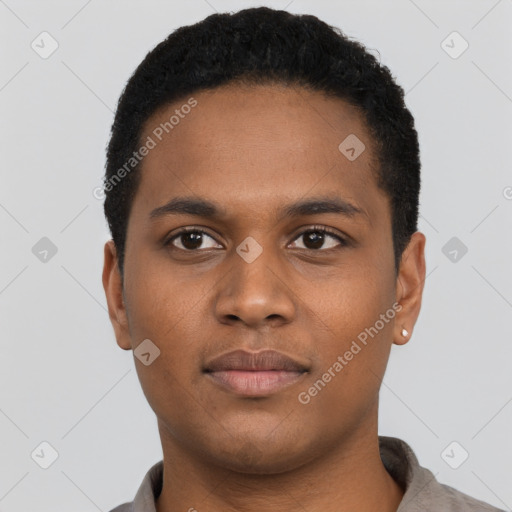Neutral black young-adult male with short  black hair and brown eyes