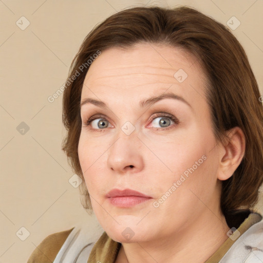 Neutral white adult female with medium  brown hair and grey eyes