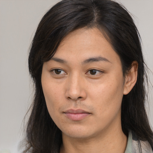 Neutral asian young-adult female with long  brown hair and brown eyes