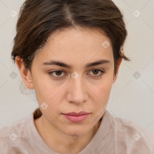 Neutral white young-adult female with short  brown hair and brown eyes