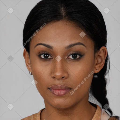 Neutral latino young-adult female with medium  black hair and brown eyes