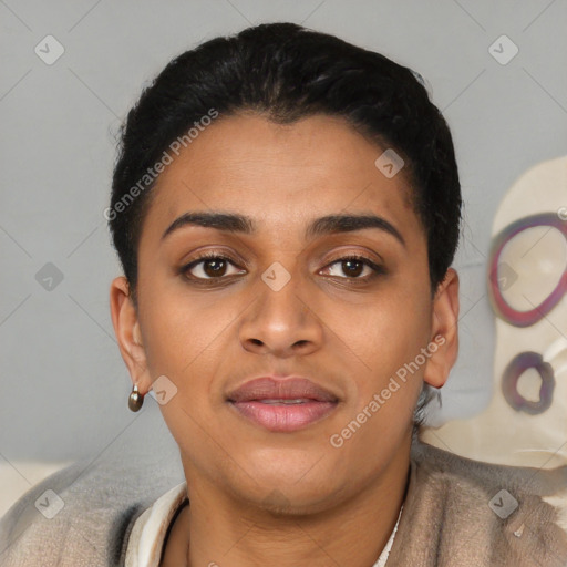 Joyful latino young-adult female with short  black hair and brown eyes