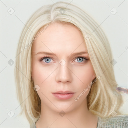 Neutral white young-adult female with medium  brown hair and blue eyes