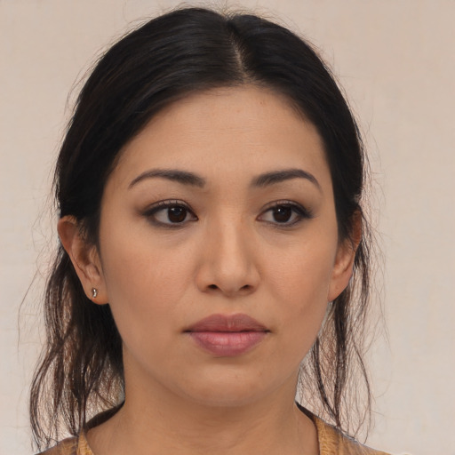 Neutral asian young-adult female with long  brown hair and brown eyes