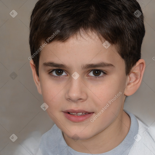 Joyful white child male with short  brown hair and brown eyes