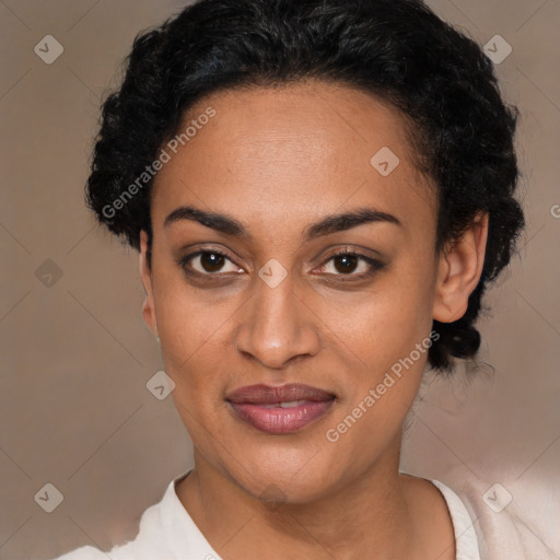 Joyful latino young-adult female with short  black hair and brown eyes