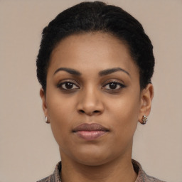 Neutral latino young-adult female with short  black hair and brown eyes