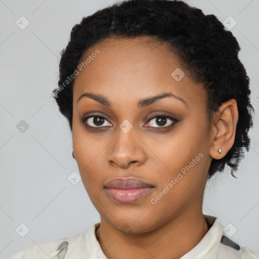 Joyful latino young-adult female with short  black hair and brown eyes