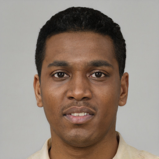 Neutral black young-adult male with short  black hair and brown eyes