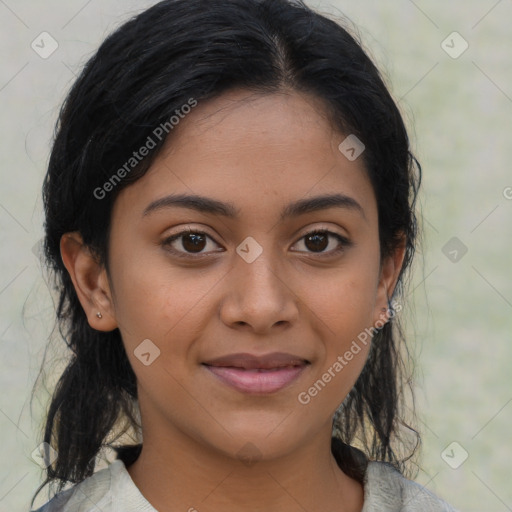 Joyful latino young-adult female with medium  brown hair and brown eyes