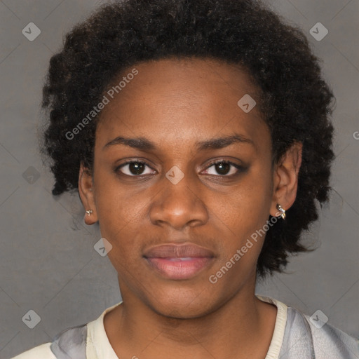 Neutral black young-adult female with short  black hair and brown eyes