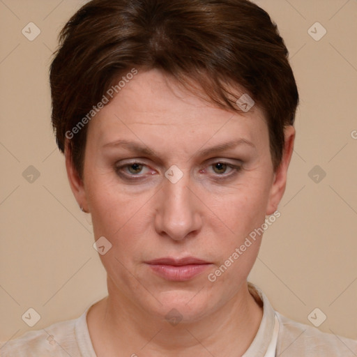 Joyful white adult female with short  brown hair and brown eyes