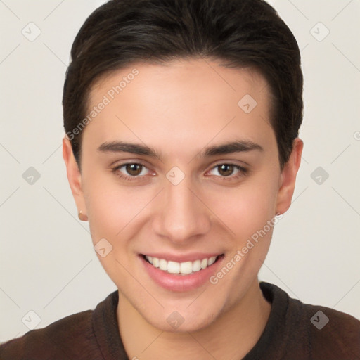 Joyful white young-adult female with short  brown hair and brown eyes