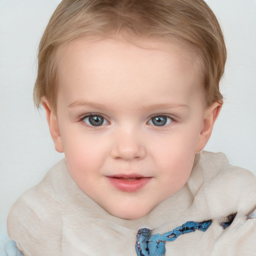 Joyful white child female with medium  brown hair and blue eyes